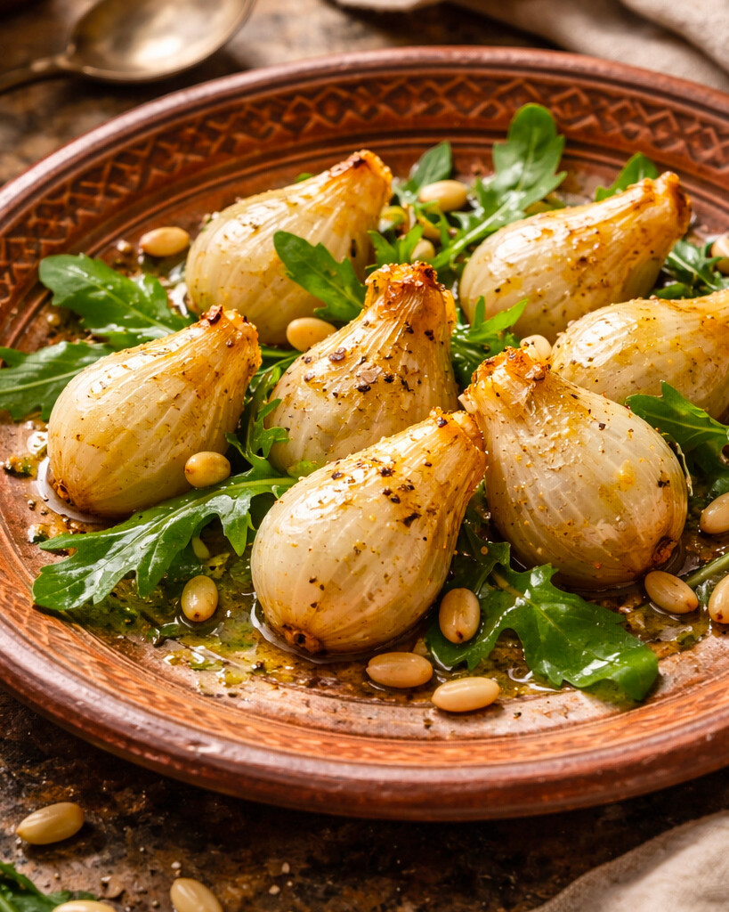 Immagine con un piatto di "Bulbi per l'amore" ovvero cipollotti con rucola e pinoli