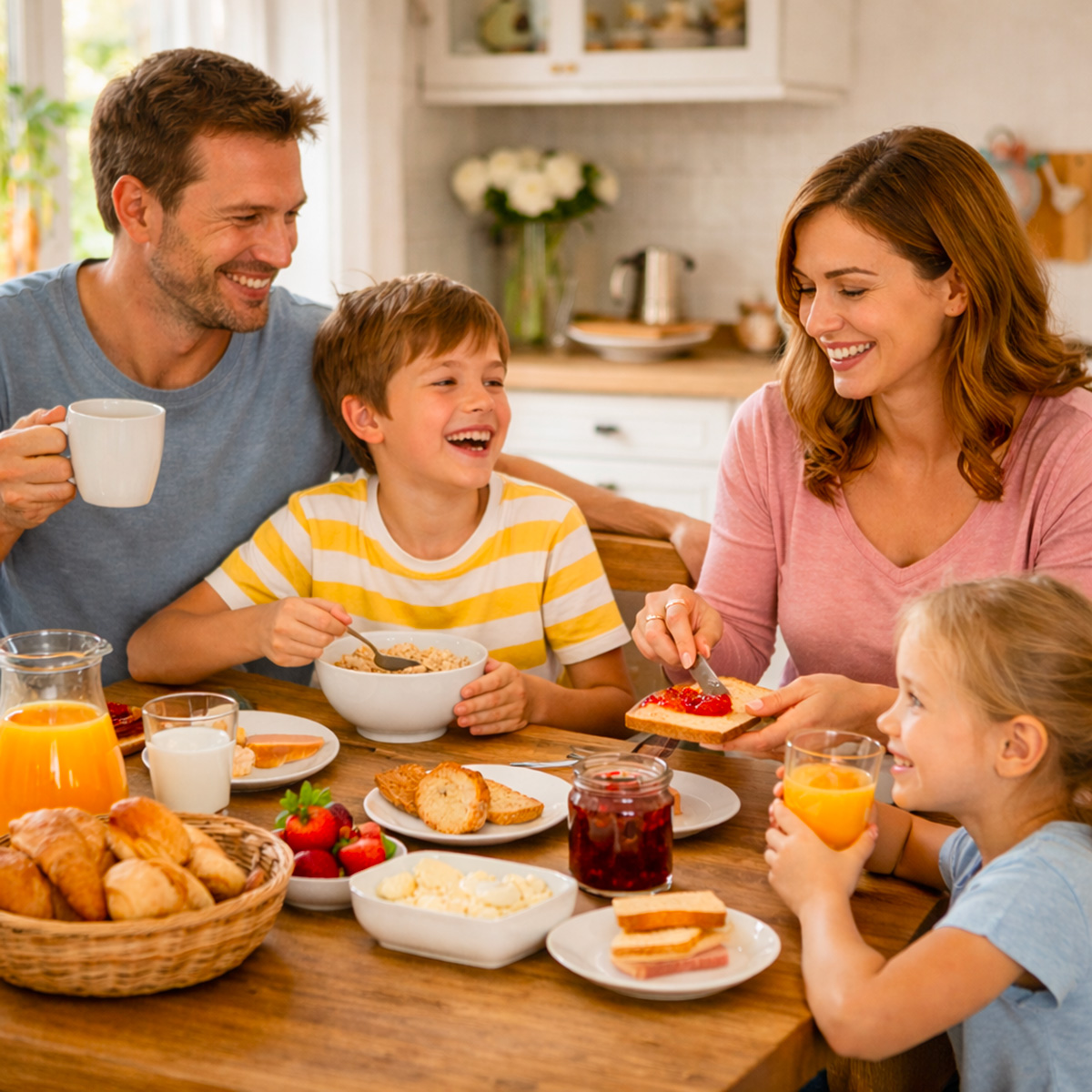 Famiglia felice che fa colazione insieme