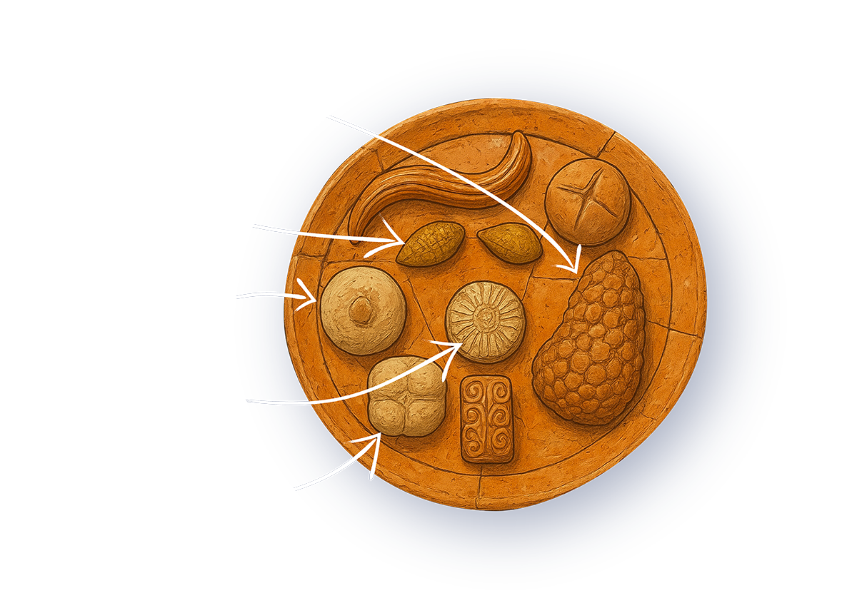 Schema degli alimenti ispirato dal reperto del cibo modellato in terracotta su un piatto smaltato di rosso, dalla tomba di una donna nella colonia greca di Paestum nell'Italia meridionale, circa 360 a.C. Il pasto votivo include: melograni, uva, fichi, mandorle, semi e formaggi.