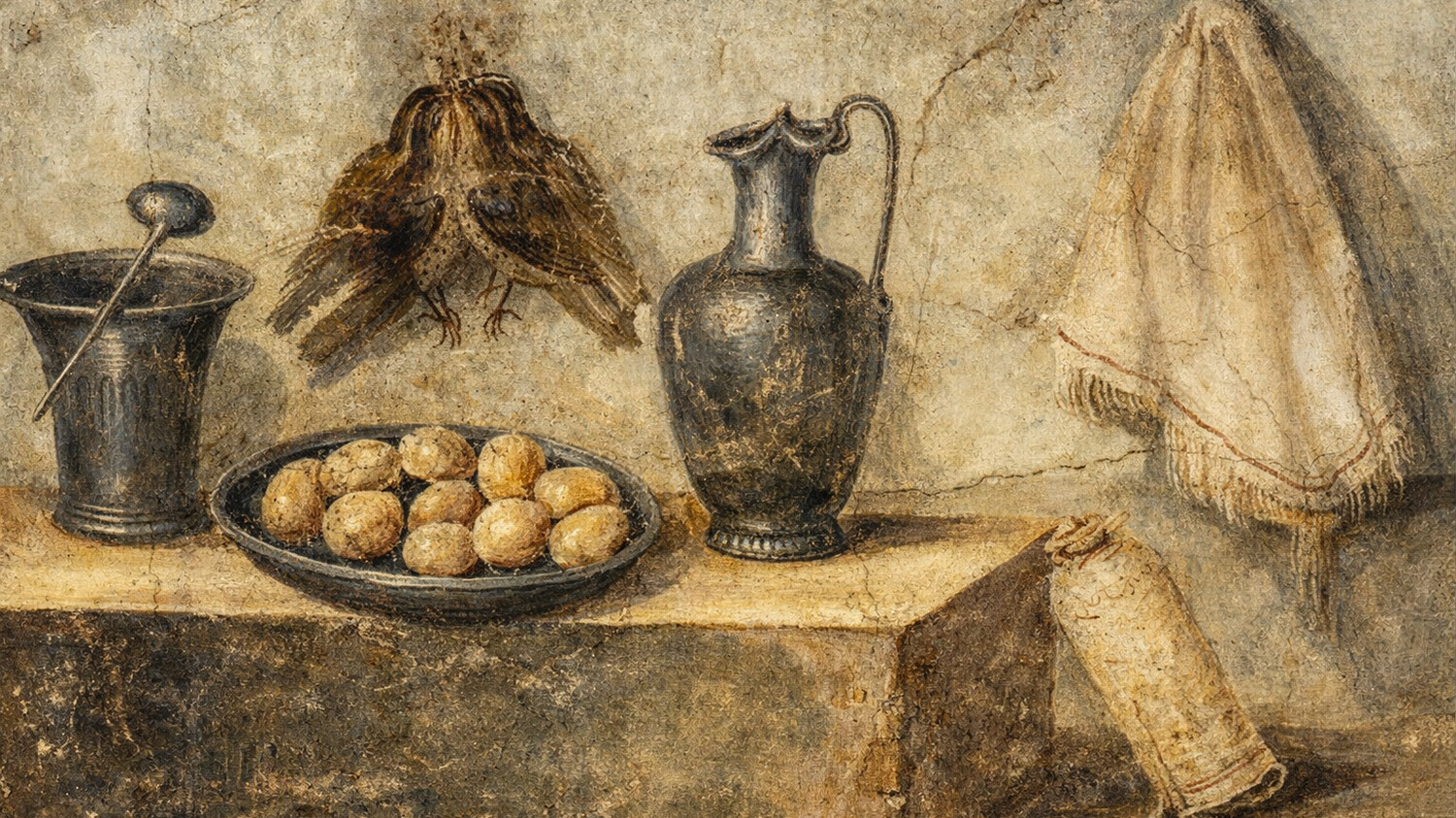 affresco di Pompei con uova e utensili da cucina come una brocca e della cacciagione appesa al muro
